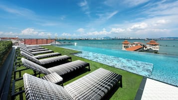 Piscine extérieure, chaises longues