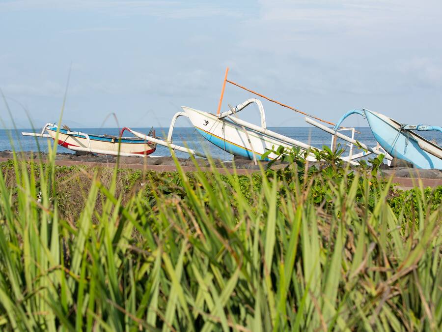 Boats on a beach with grass in the foreground.