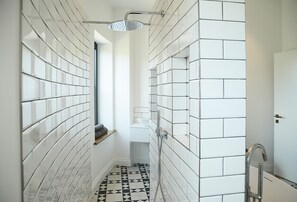 Rainfall showerhead, hair dryer, towels