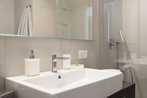 Shower, hair dryer, bidet, towels