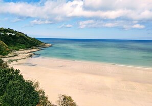 Una playa con aguas cristalinas, una orilla arenosa y un promontorio cubierto de bosque.