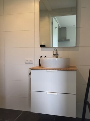 Chuveiro, secador de cabelo, toalhas de banho, sabonete