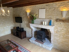 Ein gemütliches Wohnzimmer mit Steinwand, Kamin, Fernseher und Couchtisch aus Holz.
