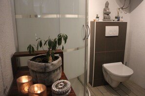Shower, hair dryer, towels, toilet paper
