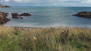A coastal landscape with rocky outcrops and a grassy foreground.