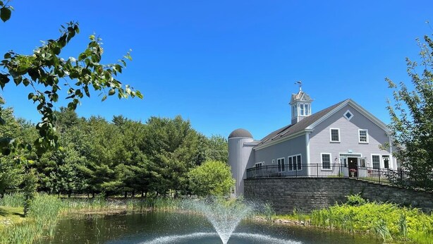 Une maison avec une fontaine dans un bassin, entourée d’arbres et sous un ciel bleu clair.