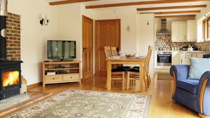 Una sala de estar acogedora con chimenea, televisión, mesa de comedor con sillas y sofá.