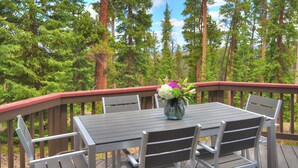 Eine Terrasse mit Tisch und Stühlen, umgeben von einem Holzgeländer, mit Blick auf einen Wald.