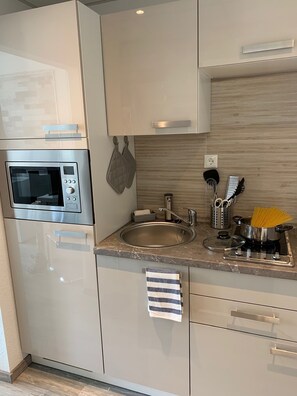 Réfrigérateur, micro-ondes, plaque de cuisson, lave-vaisselle