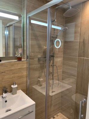 Shower, hair dryer, towels, soap - Kleine Möwe, exclusive one-room apartment with sauna in the house, vacation park. (Steinhude)