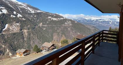 Draußen: Wohnung für 5 Personen, Terrasse mit Möbeln, wunderschöner Panoramablick vom Matterhorn ins