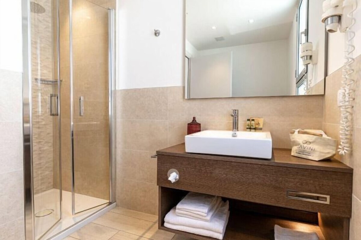 A modern bathroom with a glass shower enclosure, a white sink, and a large mirror.
