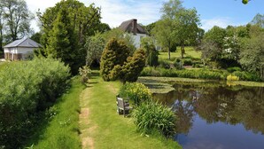 Um jardim com lago, um banco e um caminho que leva a uma casa.
