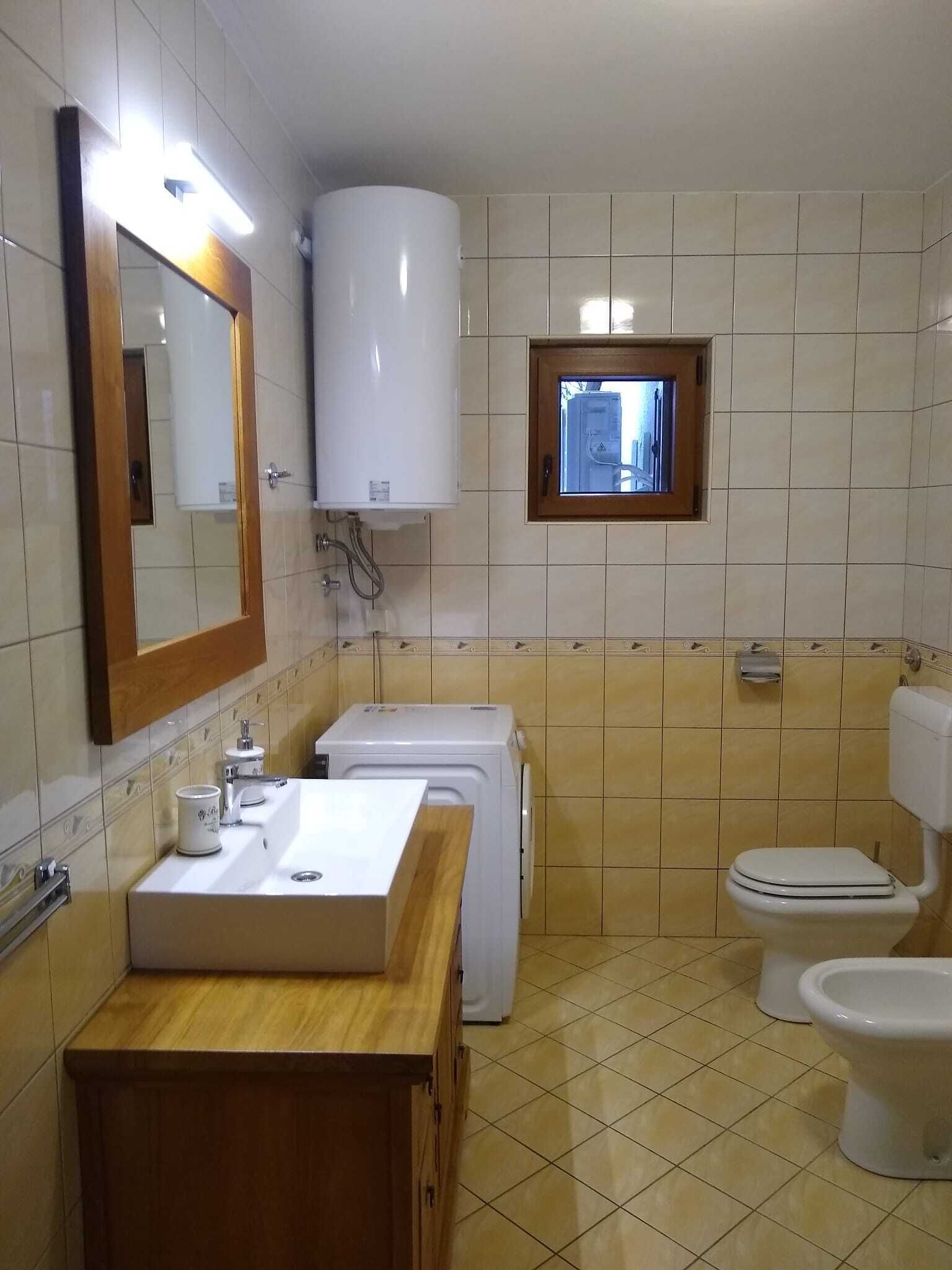 Un baño con lavamanos, espejo, inodoro, lavadora y calentador.