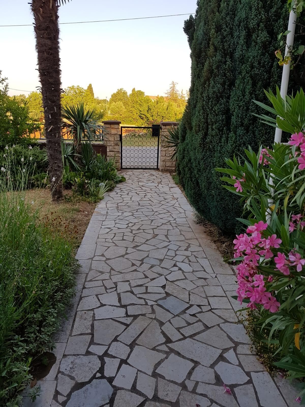 Un sendero de piedra conduce a una entrada con puerta, rodeada de abundante vegetación y plantas en flor.