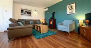 TV connectée, cheminée, livres, espaces bureaux