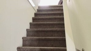 A carpeted staircase with a handrail, leading to a landing. - Perfect for your Winter and Summer Vacations! (Revelstoke)