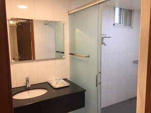 Een badkamer met een douchedeur van glas, een wastafel met een zwart aanrechtblad en een spiegel boven de wastafel.