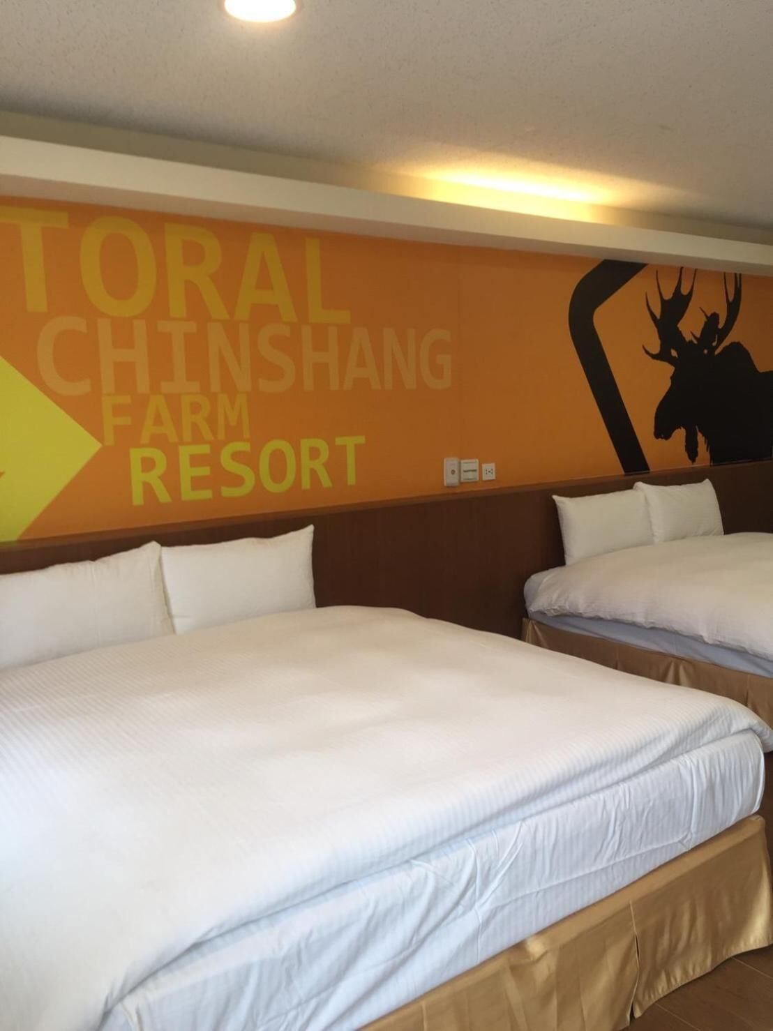 Una habitación de hotel con dos camas, una pared con un cartel grande que dice "TORAL CHINSHANG FARM RESORT" y la silueta de un alce.