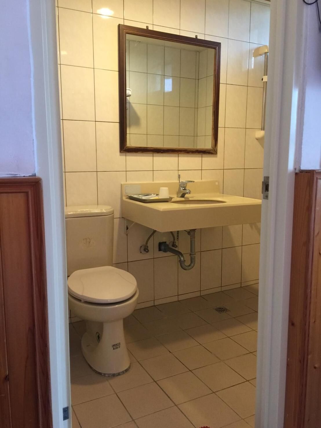 A small, clean bathroom with a toilet, sink, and mirror.