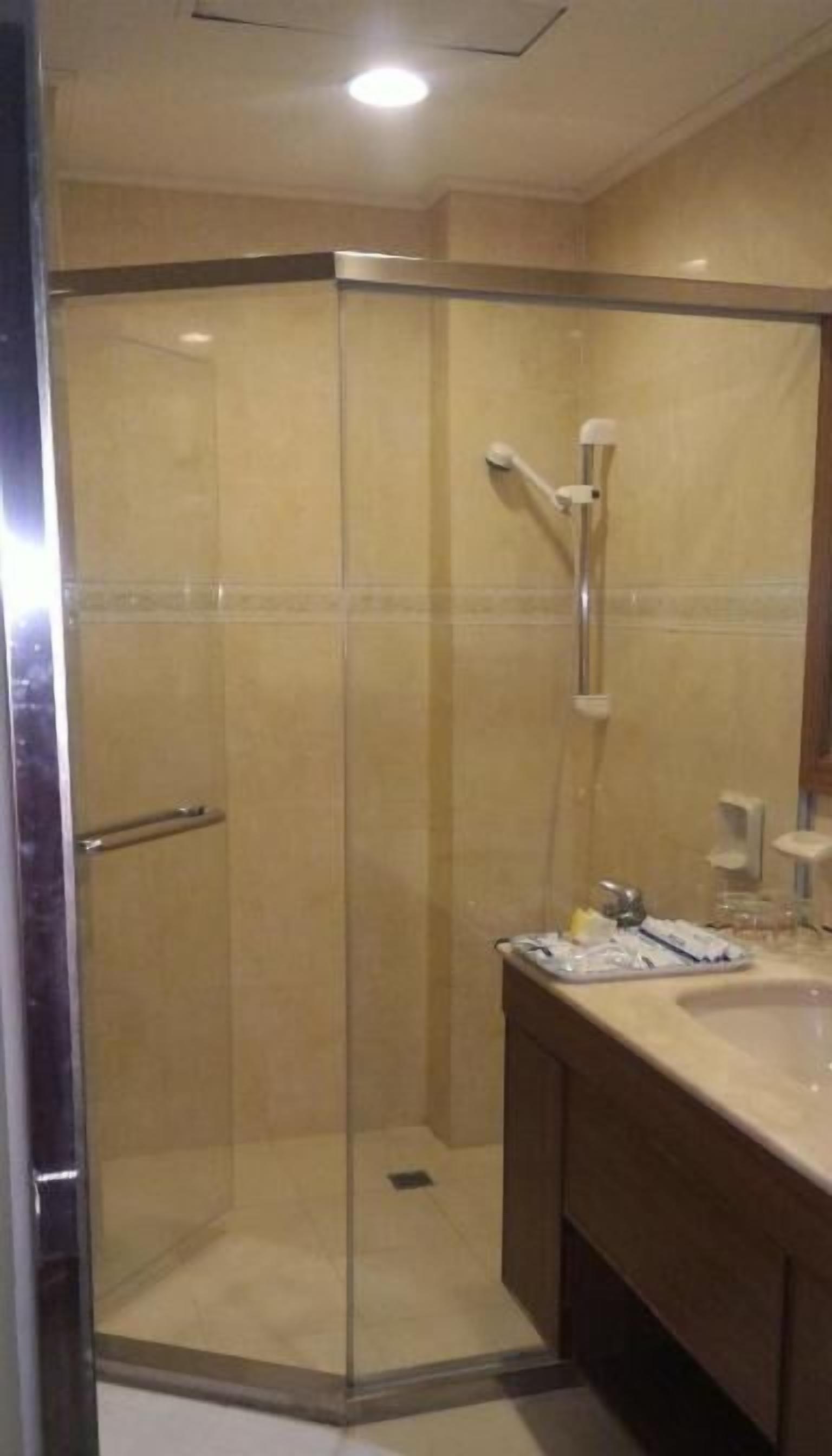 A glass-enclosed shower with a handheld showerhead, a glass door, and a vanity with a sink and mirror.