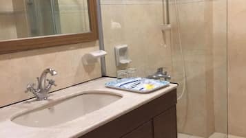 Shower, eco-friendly toiletries, hair dryer, slippers