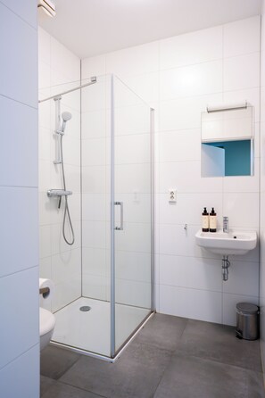 A modern bathroom with a glass shower enclosure, a toilet, a sink, and a trash can.