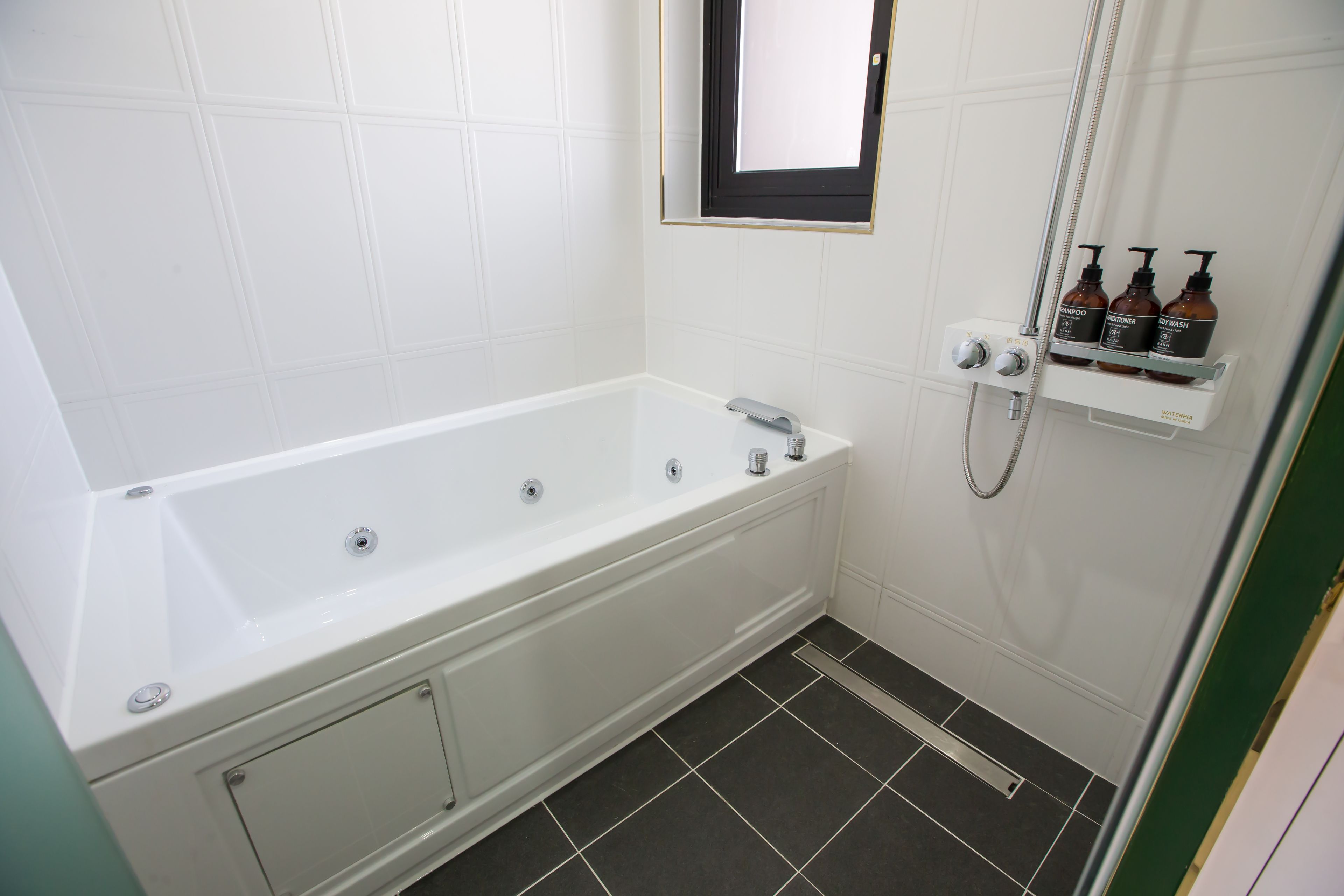 premier double room | bathroom | shower, hydromassage showerhead, free toiletries, hair dryer