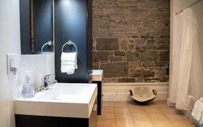 Combined shower/tub, hair dryer, towels