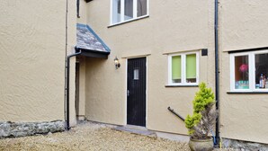Une maison à deux étages avec une porte noire, une petite fenêtre avec un store vert et un pot de fleurs dans le jardin.
