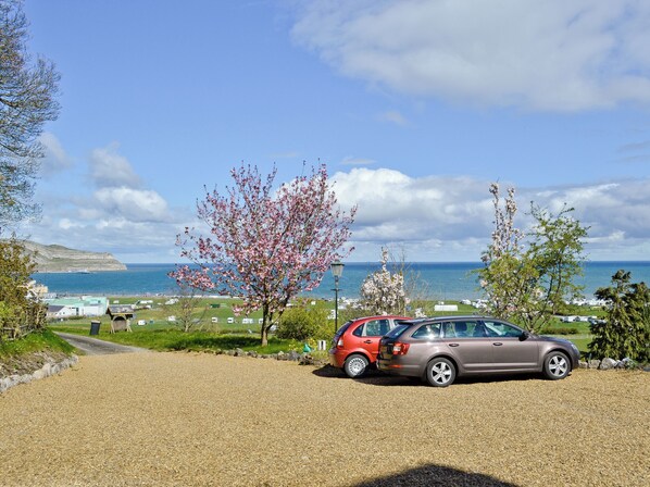 A gravel parking area with two cars parked near a tree with pink blossoms, overlooking a coastal view with a clear sky.