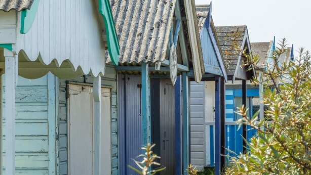 Eine Reihe von Ferienhäusern am Meer mit Wellblechdächern und Holztüren.