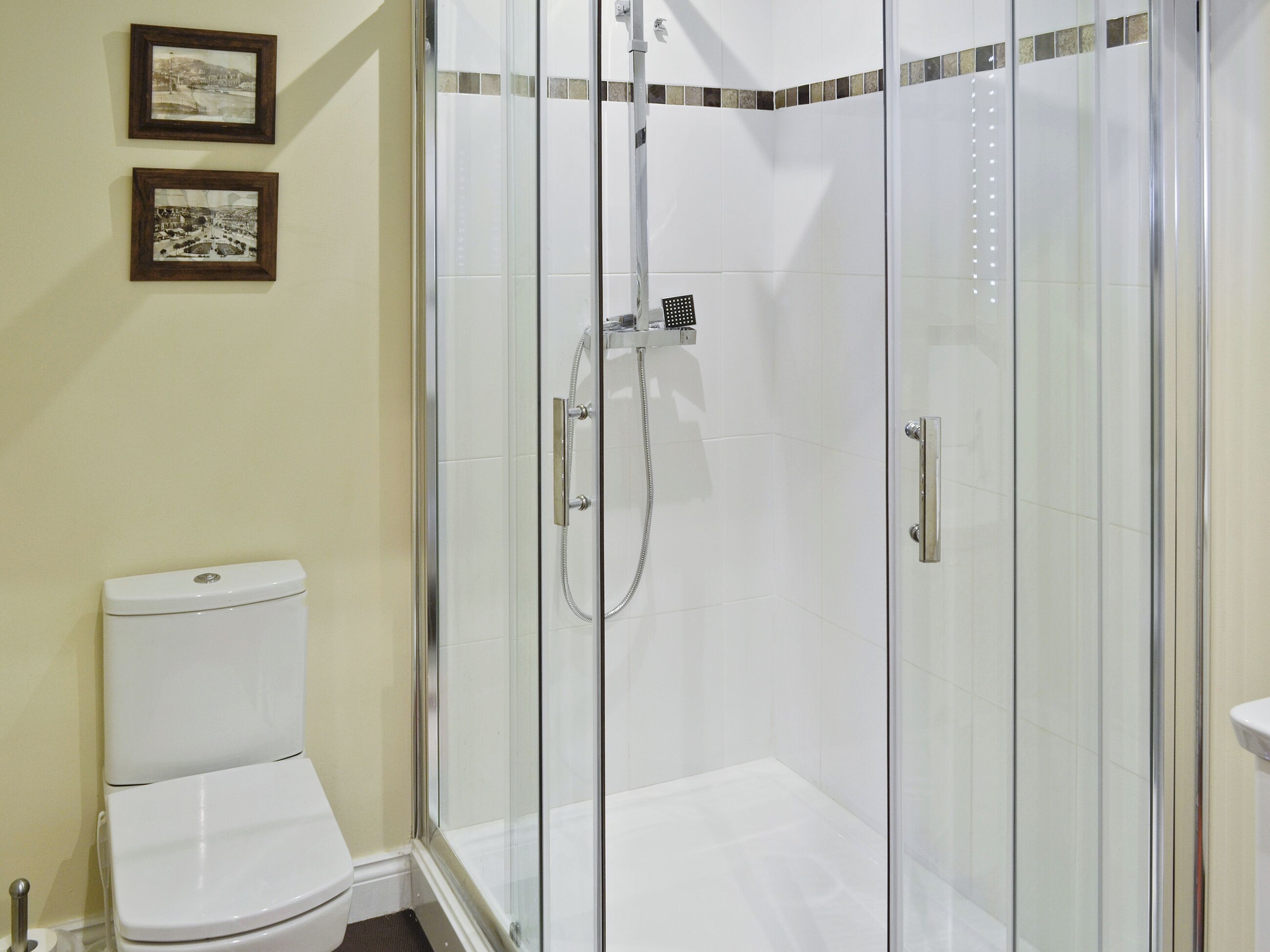 Une douche fermée par des parois en verre, dotée d’un pommeau de douche amovible, des toilettes et deux tableaux encadrés au mur.