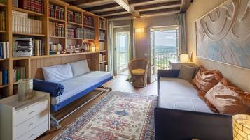 Een televisie, een open haard, boeken en een stereo