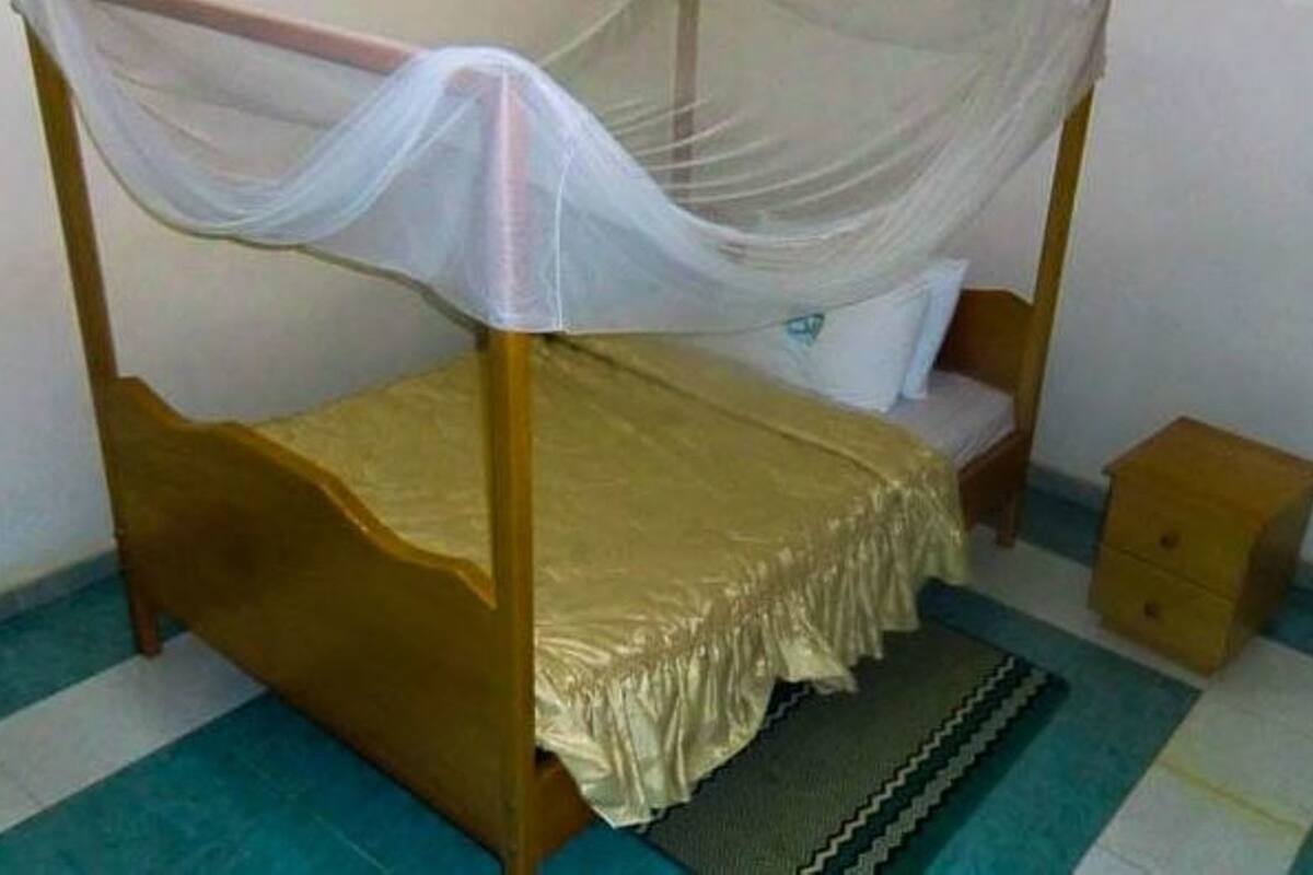 A single bed with a canopy, a bedside table, and a small wooden cabinet in a room with a checkered floor.