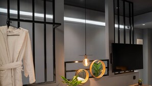A modern bathroom with a robe hanging, a mirror, a potted plant, and a flat-screen TV. - Olympus Terra Boutique Hotel (Larissa)