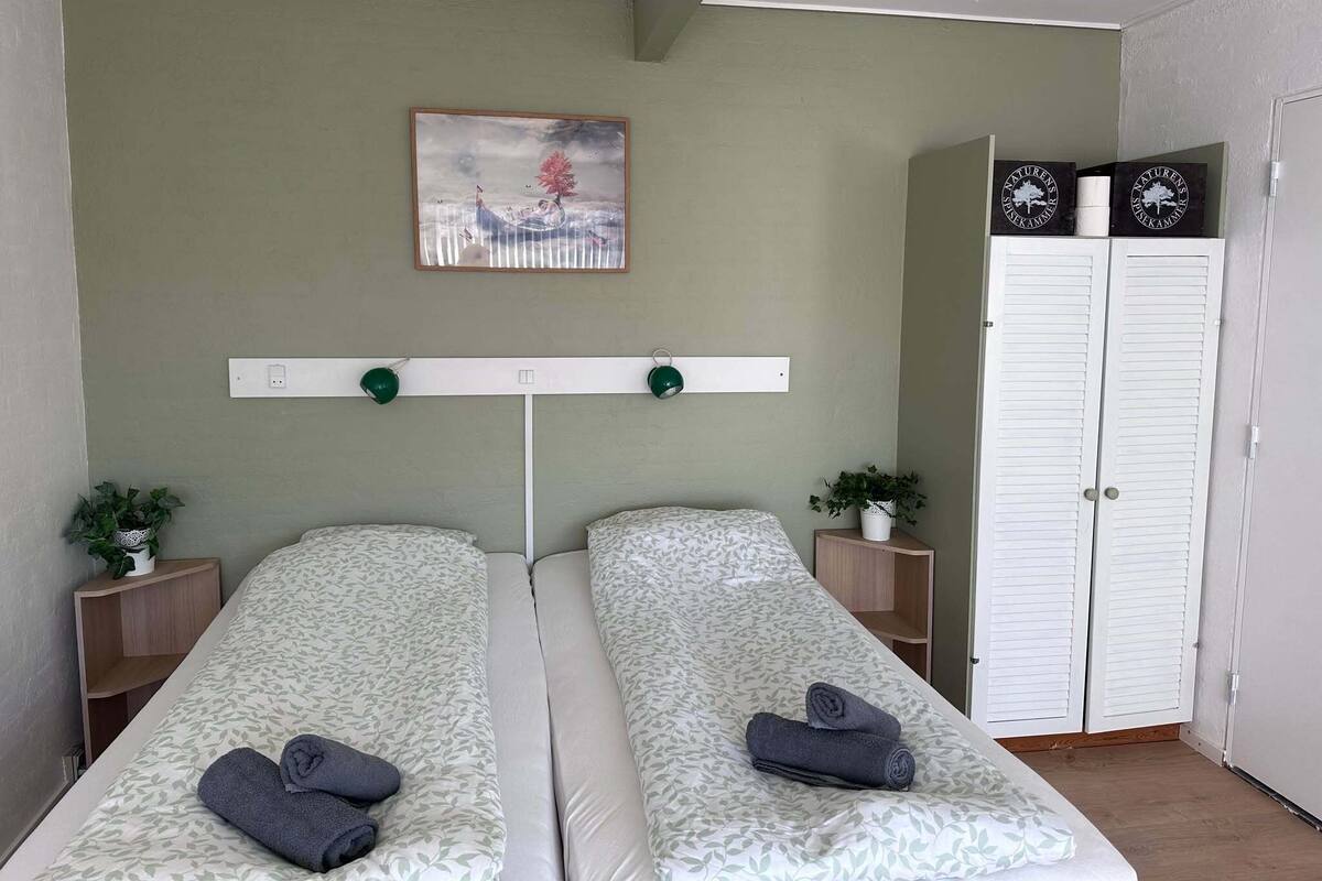 A room with two beds, a painting on the wall, a shelf with two potted plants, and a wardrobe with a logo.