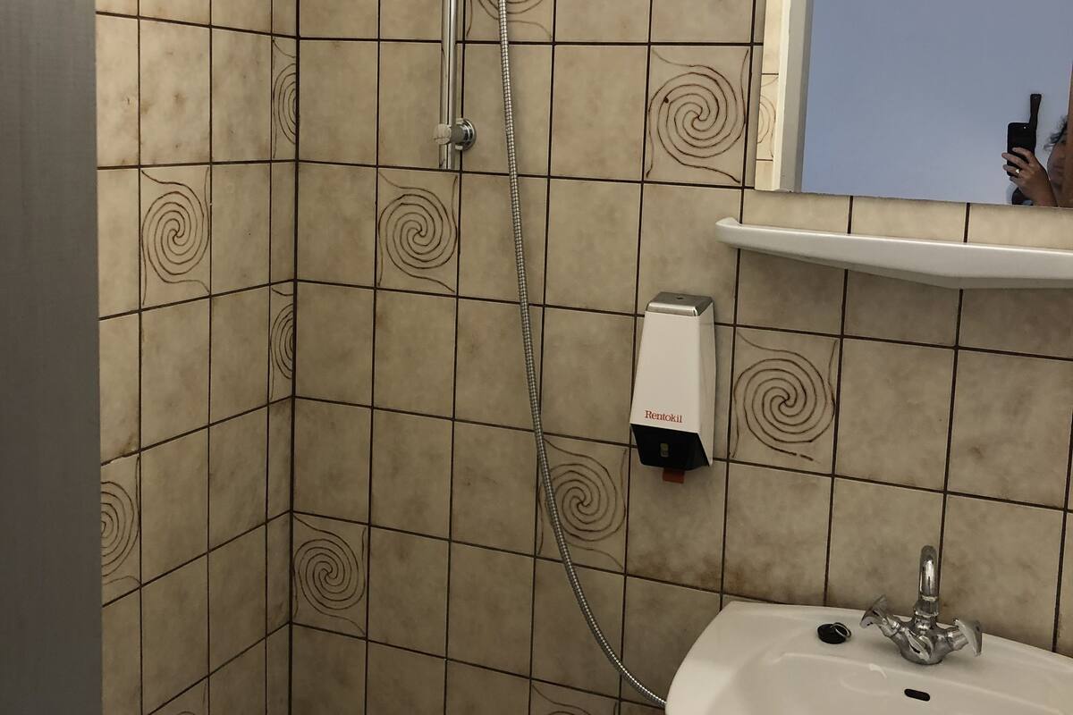 A bathroom with a shower, a sink, and a mirror.