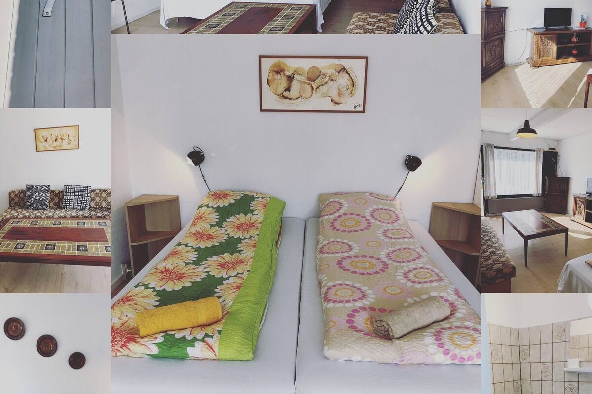 A bedroom with two beds, a bedside table, a chair, a TV, a wardrobe, and a bathroom with a toilet and sink.