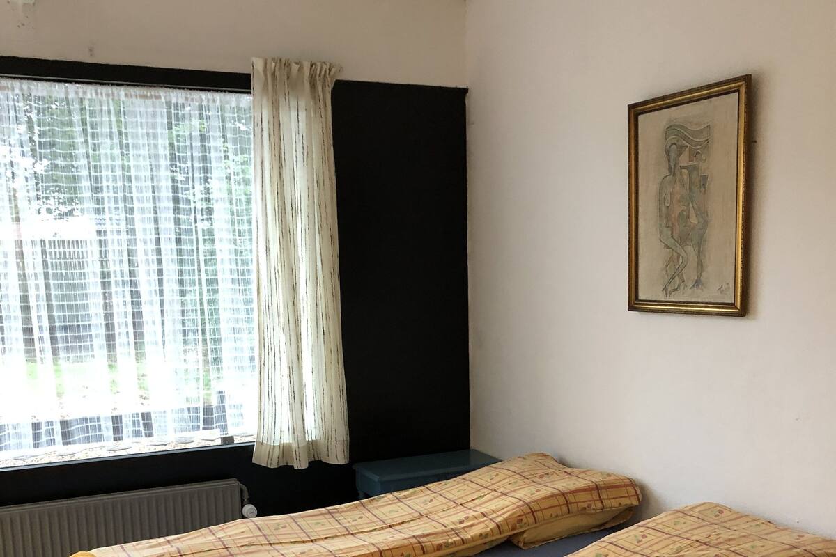 A room with two beds, a window with sheer curtains, a radiator, and a framed artwork on the wall.
