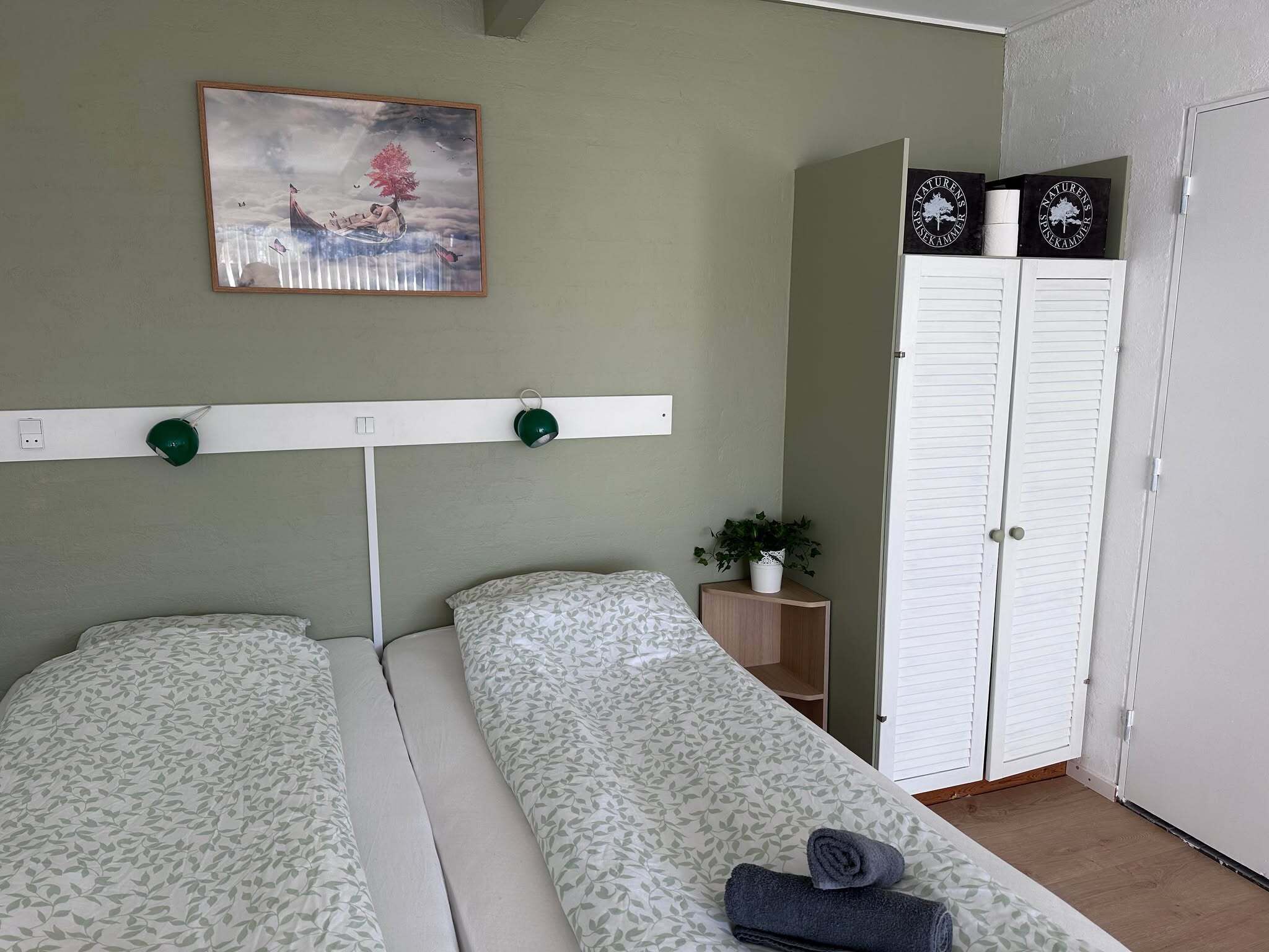A room with two single beds, a painting on the wall, a small plant on a nightstand, and a wardrobe with two doors.