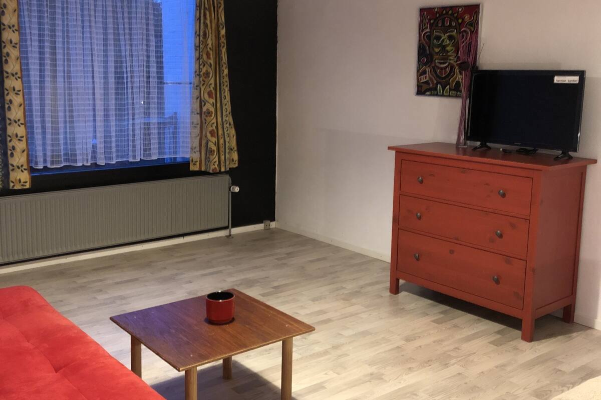 A room with a red sofa, a small wooden table with a red mug, a red dresser, a black TV on top, and a window with curtains.
