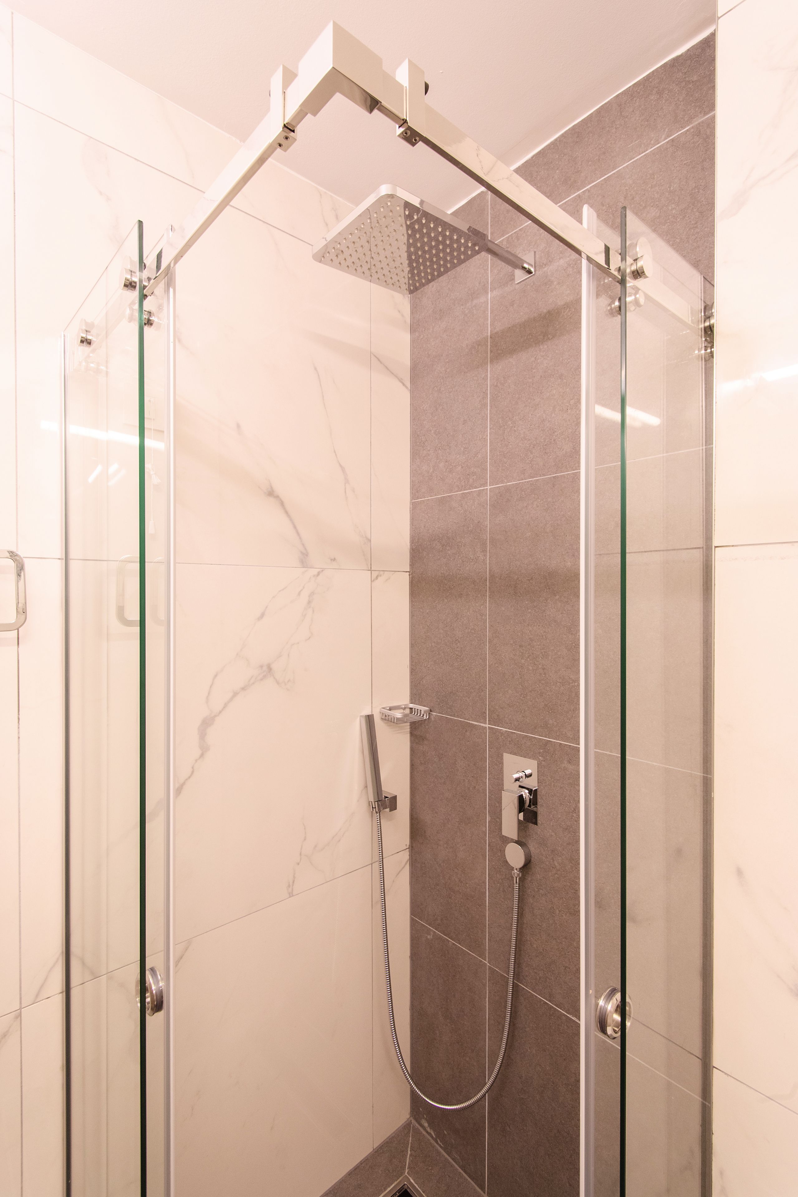 A modern shower enclosure with a glass door, a handheld showerhead, and a wall-mounted control panel.