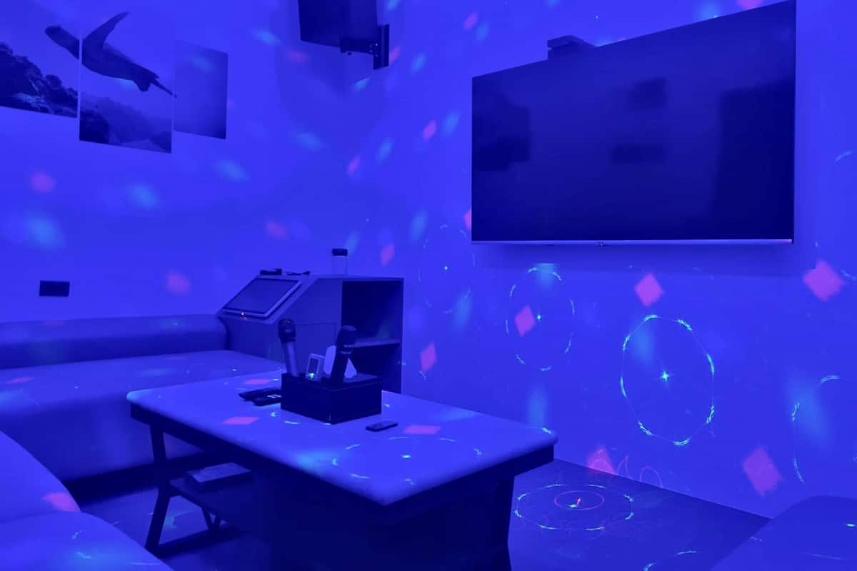 A room with a flat-screen TV mounted on the wall, a table with a speaker, and a couch.