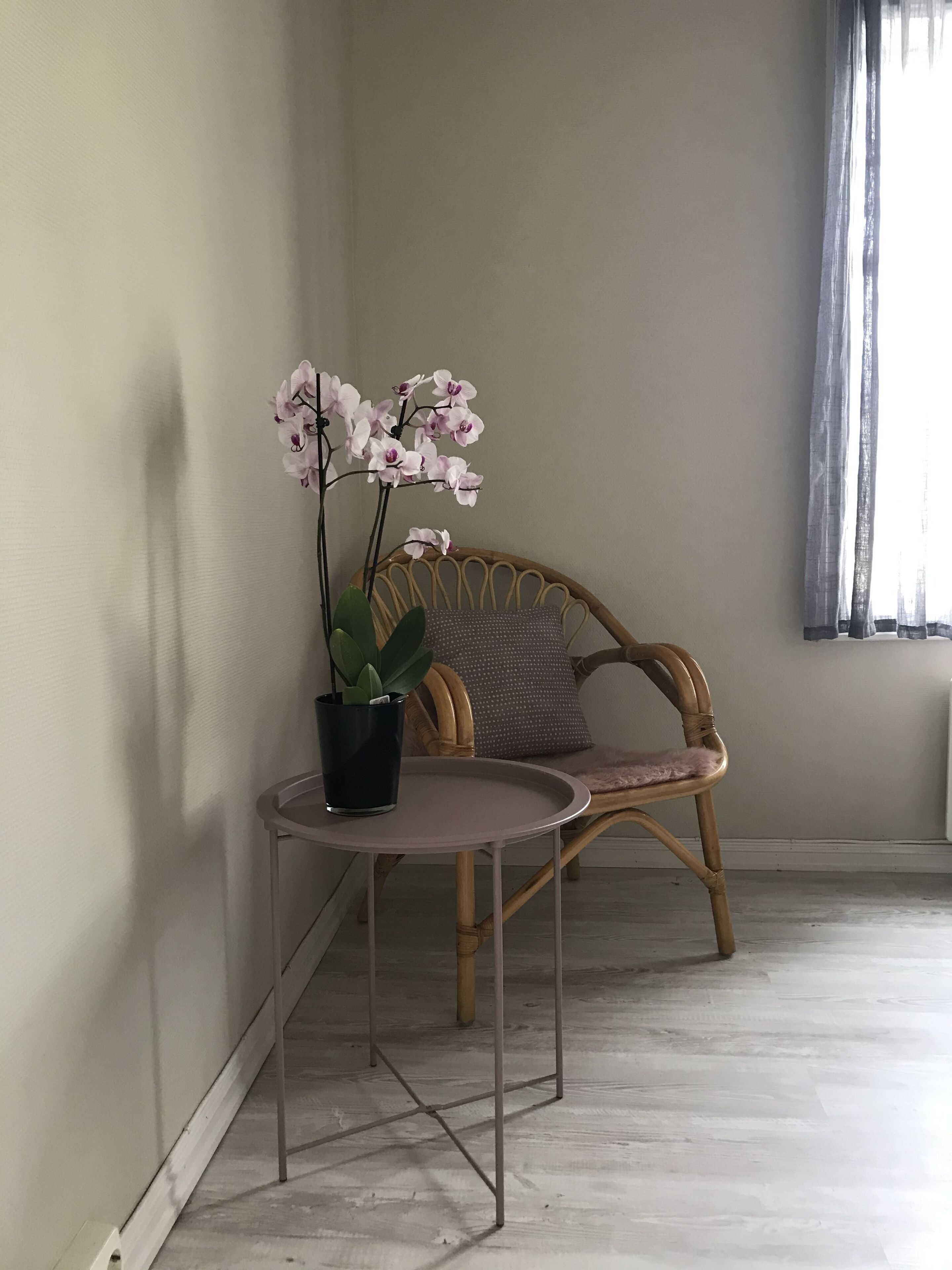 Une pièce d’angle avec un fauteuil en osier, une petite table ronde ornée d’une orchidée en pot et une fenêtre avec des rideaux légers.