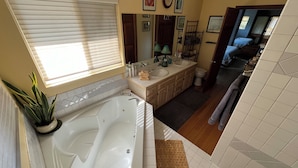 A bathroom with a large bathtub, a sink, and a mirror. There is a potted plant on the left and a rug on the floor.