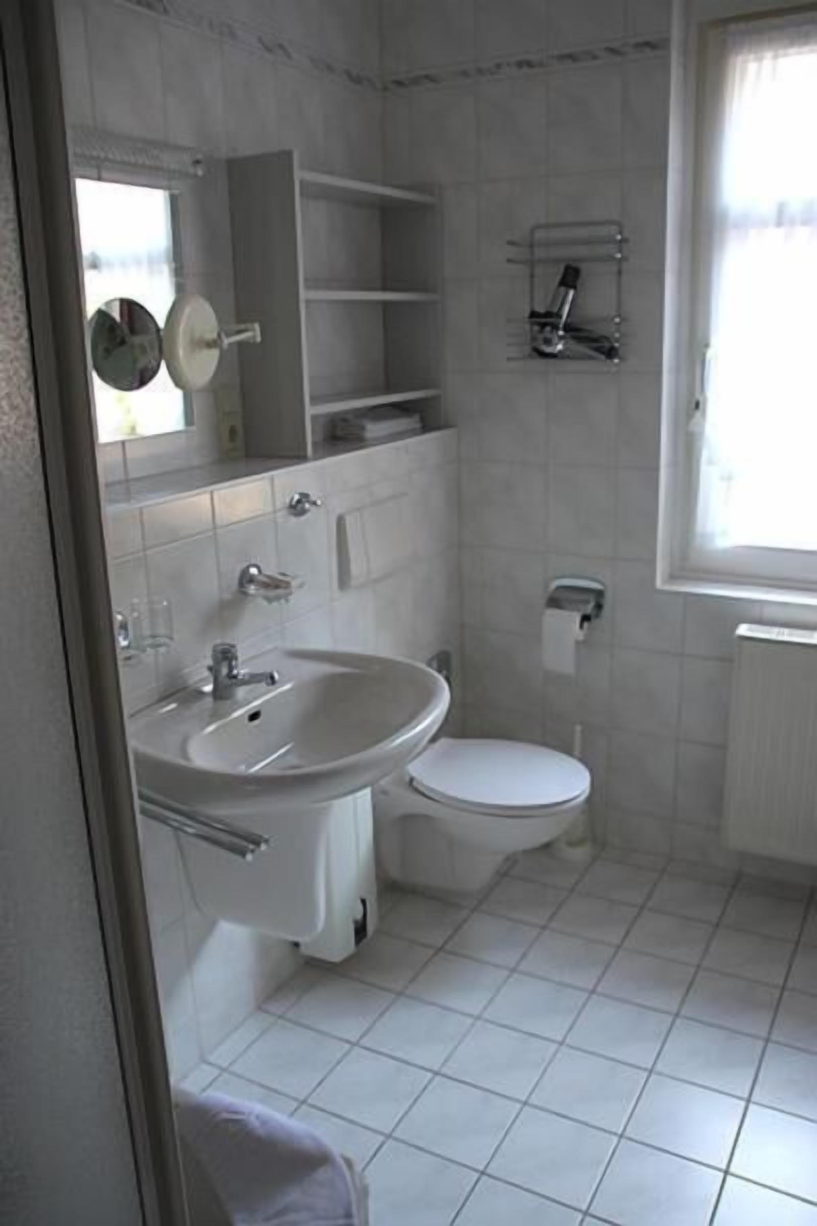 A bathroom with a sink, toilet, and a mirror. There is a window with a view of the outside.