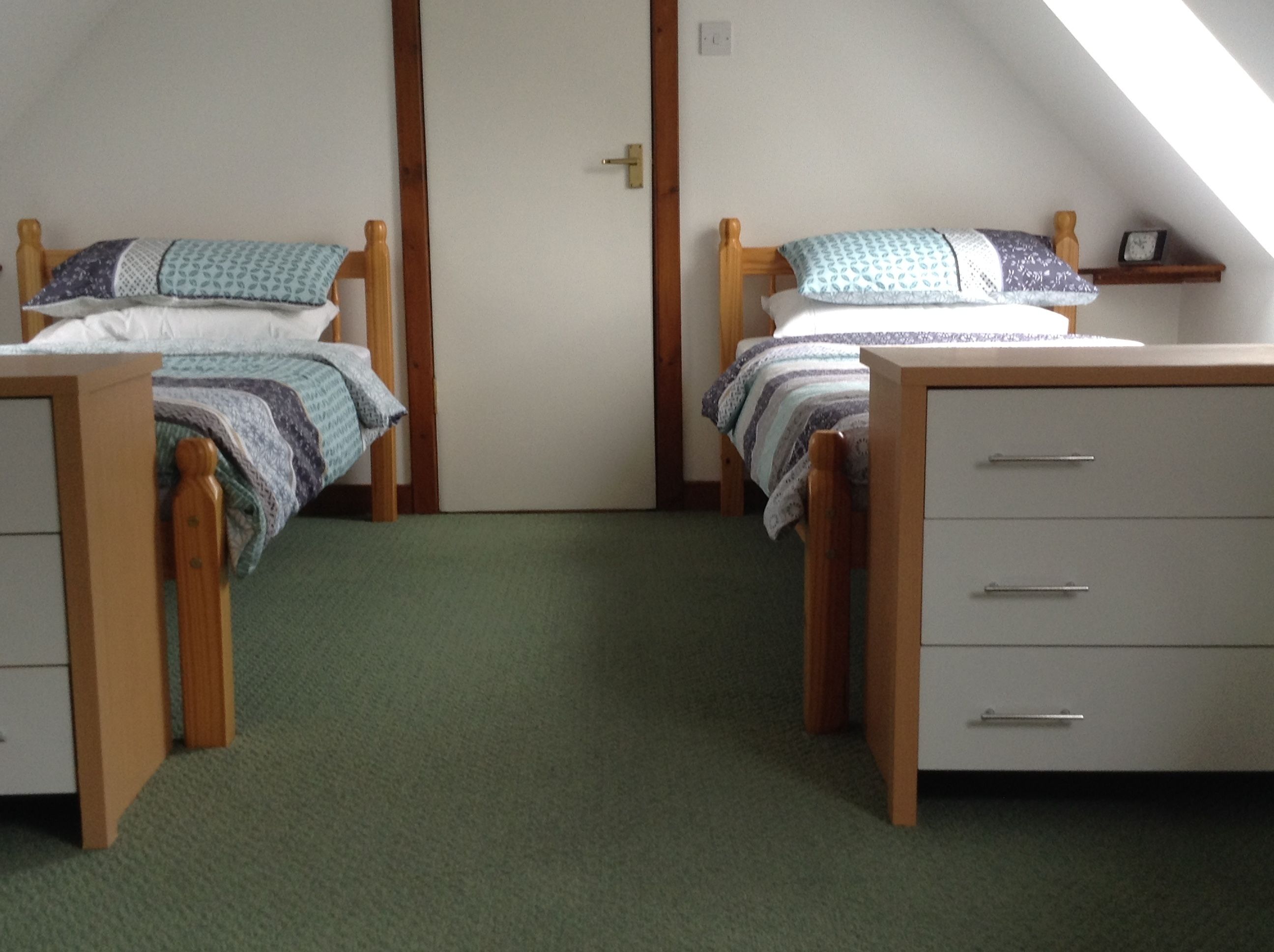 Una habitación con dos camas de madera, un tocador blanco y una alfombra verde.