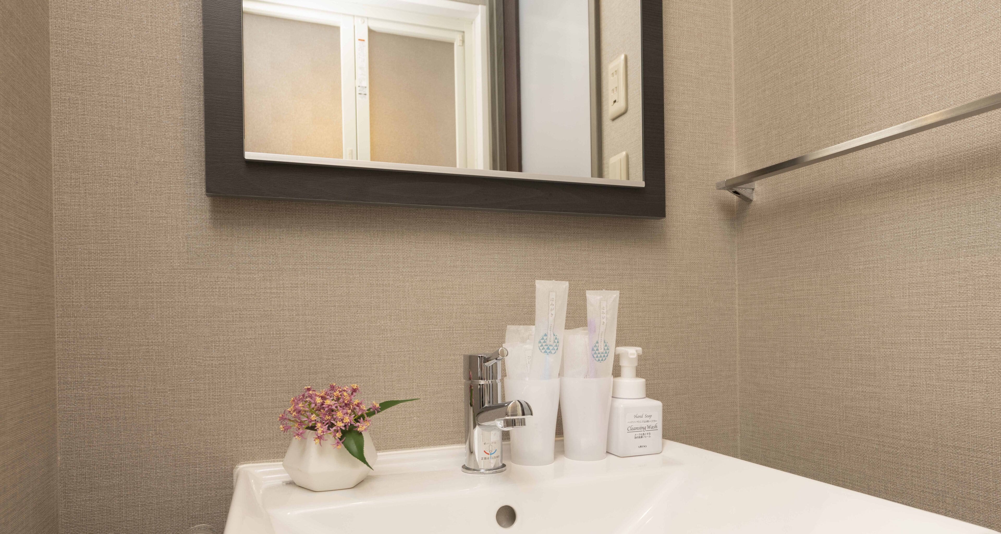 combined shower/bathtub, free toiletries, hair dryer, slippers