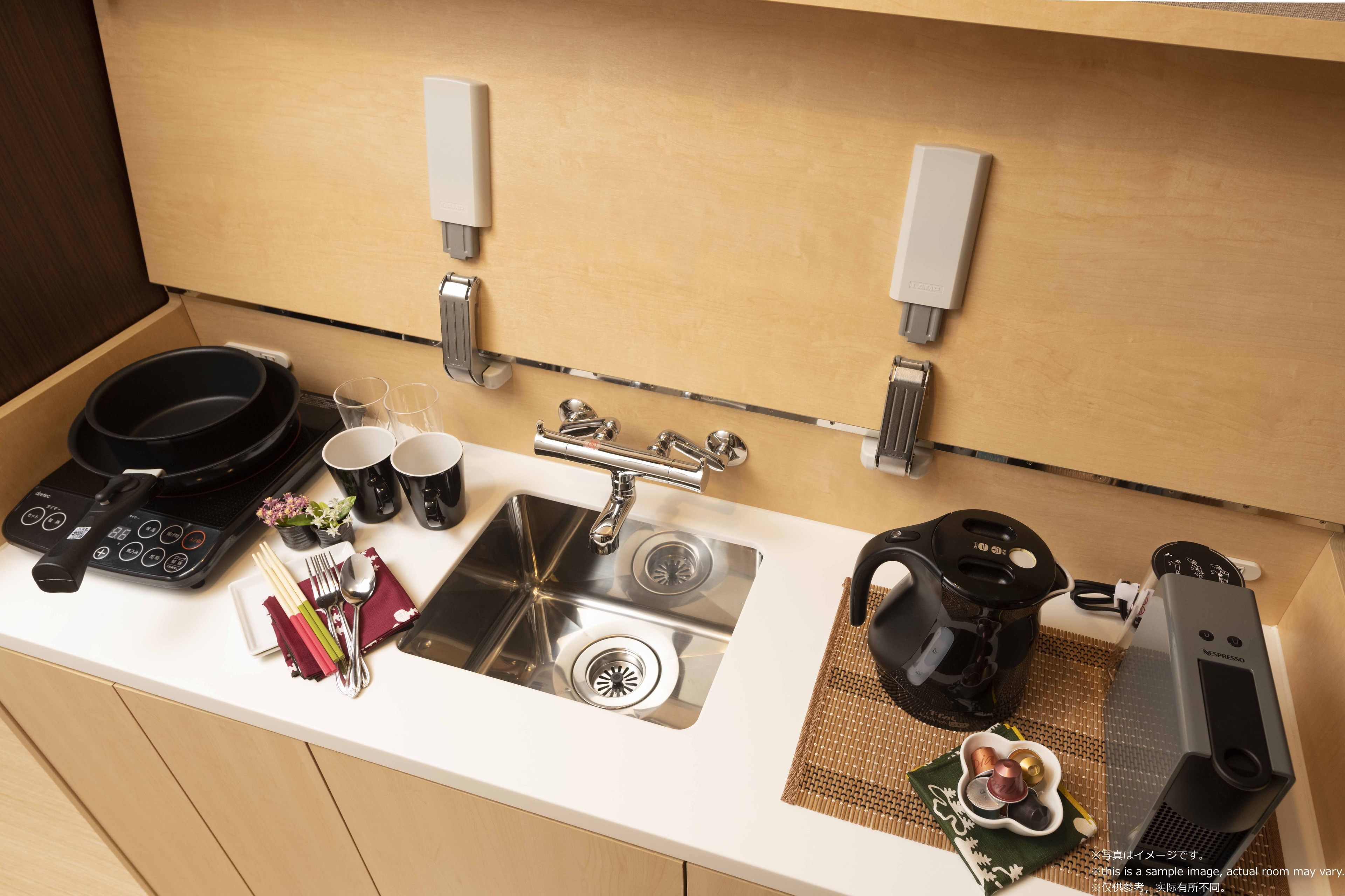 fridge, microwave, stovetop, electric kettle